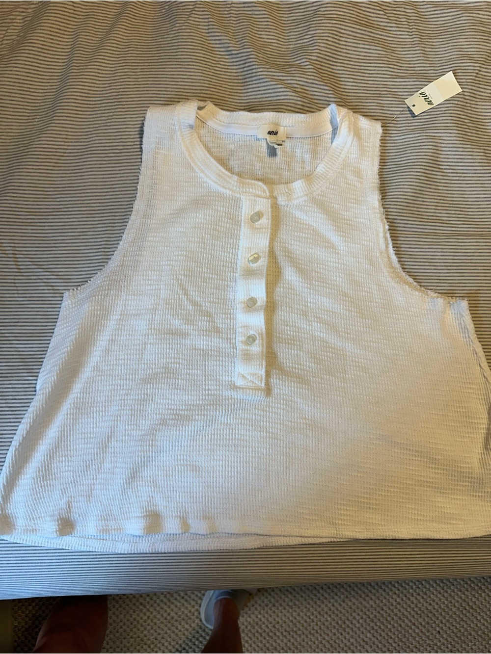 aerie White Ribbed Henley Cropped Tank
